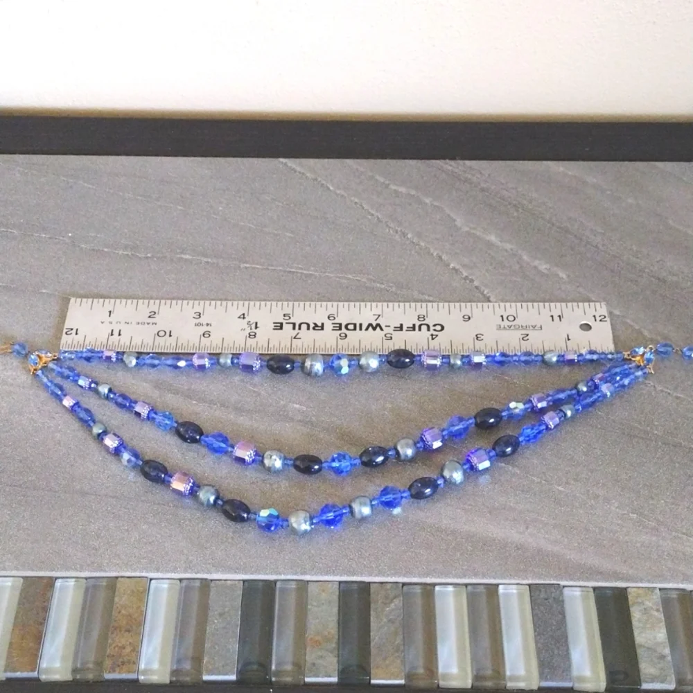Glass Triple Strand Deep Blue Necklace 12-13" with 3" Extender Hook Clasp - Picture 6 of 7
